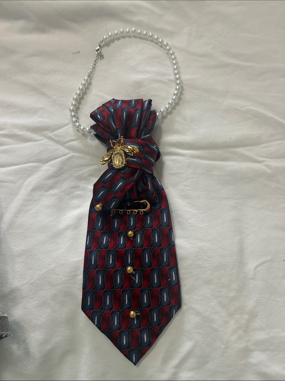 Men's Red & Blue Patterned Tie Necklace with Gold Bee Charm